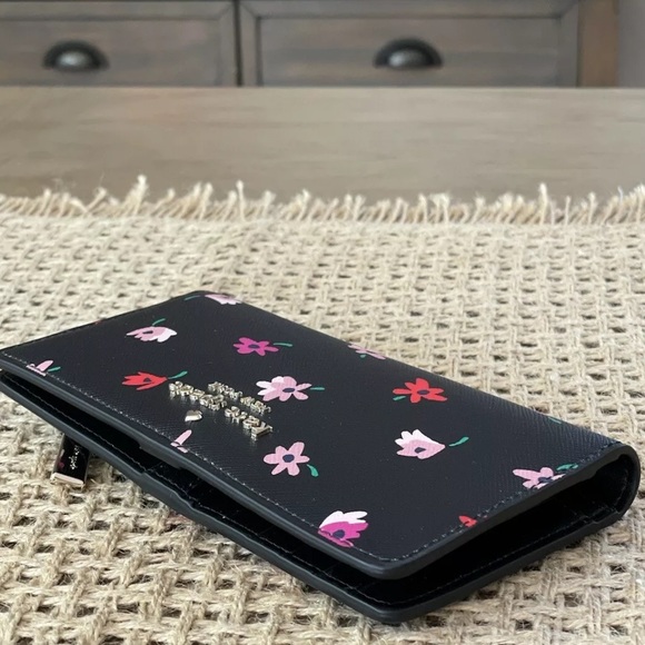 Kate Spade Staci Ditsy Buds Large Slim Bifold Wallet Black Multi Floral - Picture 3 of 5